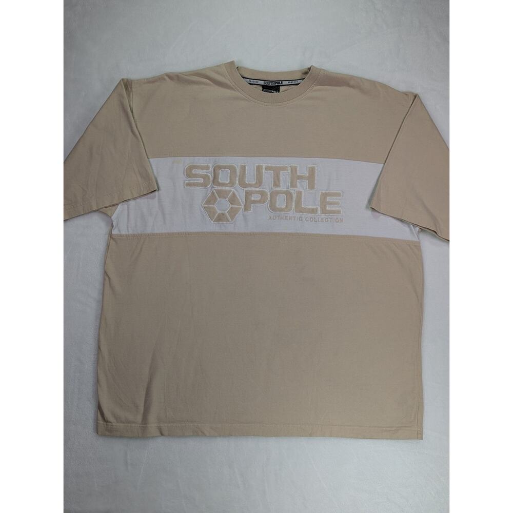SouthPole Sz XL Tan & White VTG Y2K Embroidered Spell Out & Logo Colorblock
